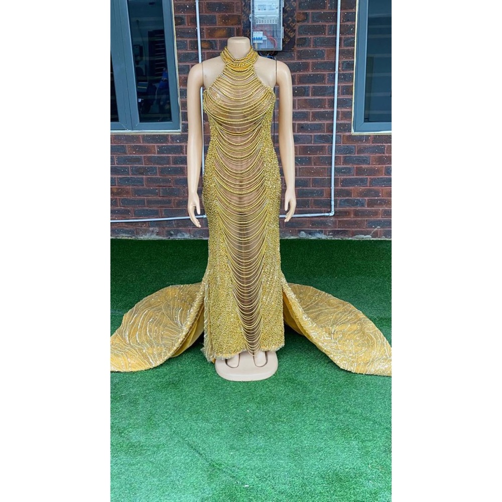 Gold Embellished Backless Mermaid Prom Dress